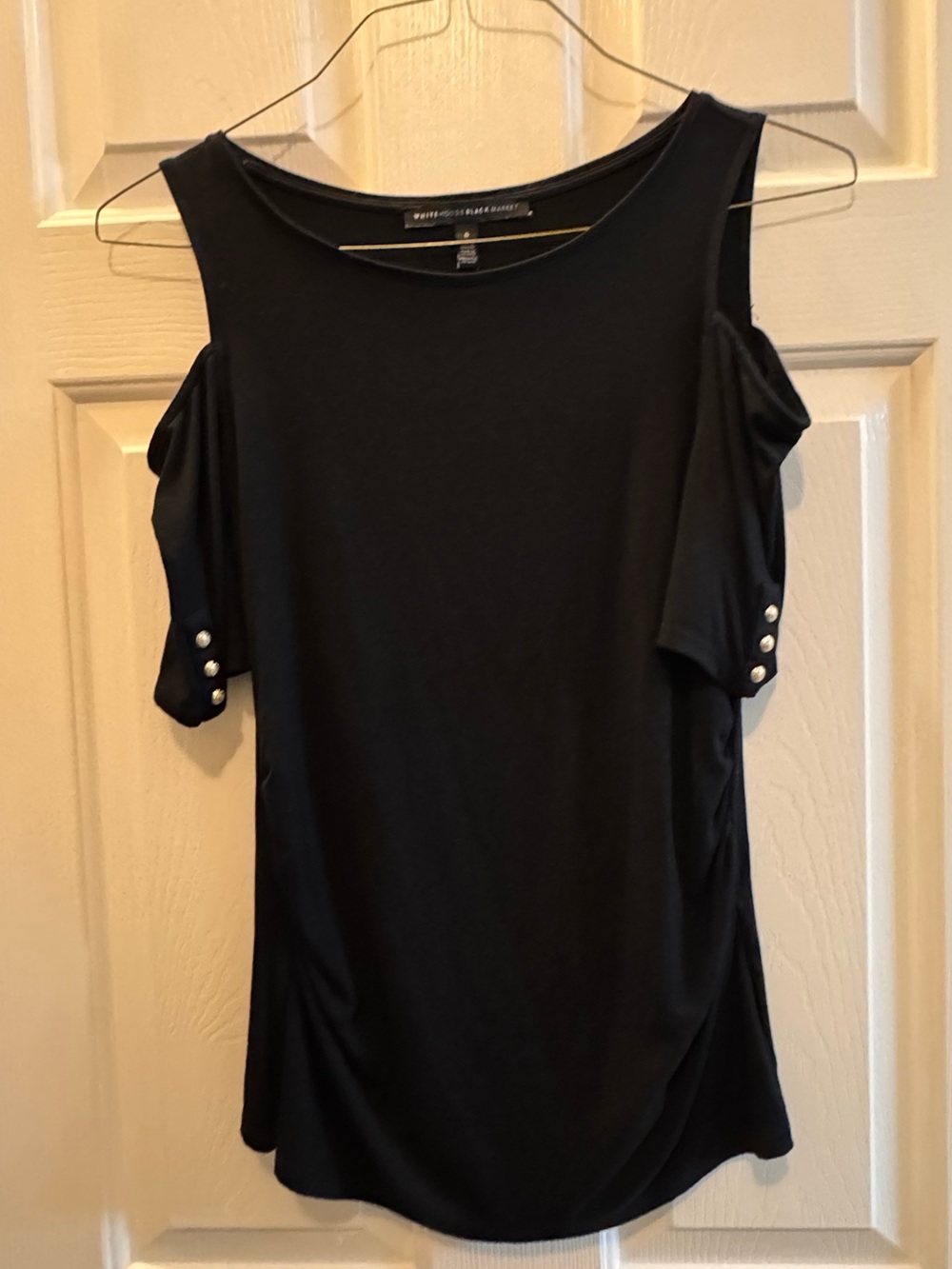 WHBM Cold Shoulder Top Small Black Gold Button Cuff Side Ruched Short Sleeve